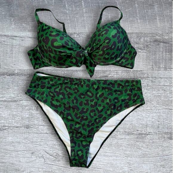 Green Leopard Knot Front Push Up Bikini Swimsuit NEW Plus 3X High Waist Bottom - Picture 1 of 9
